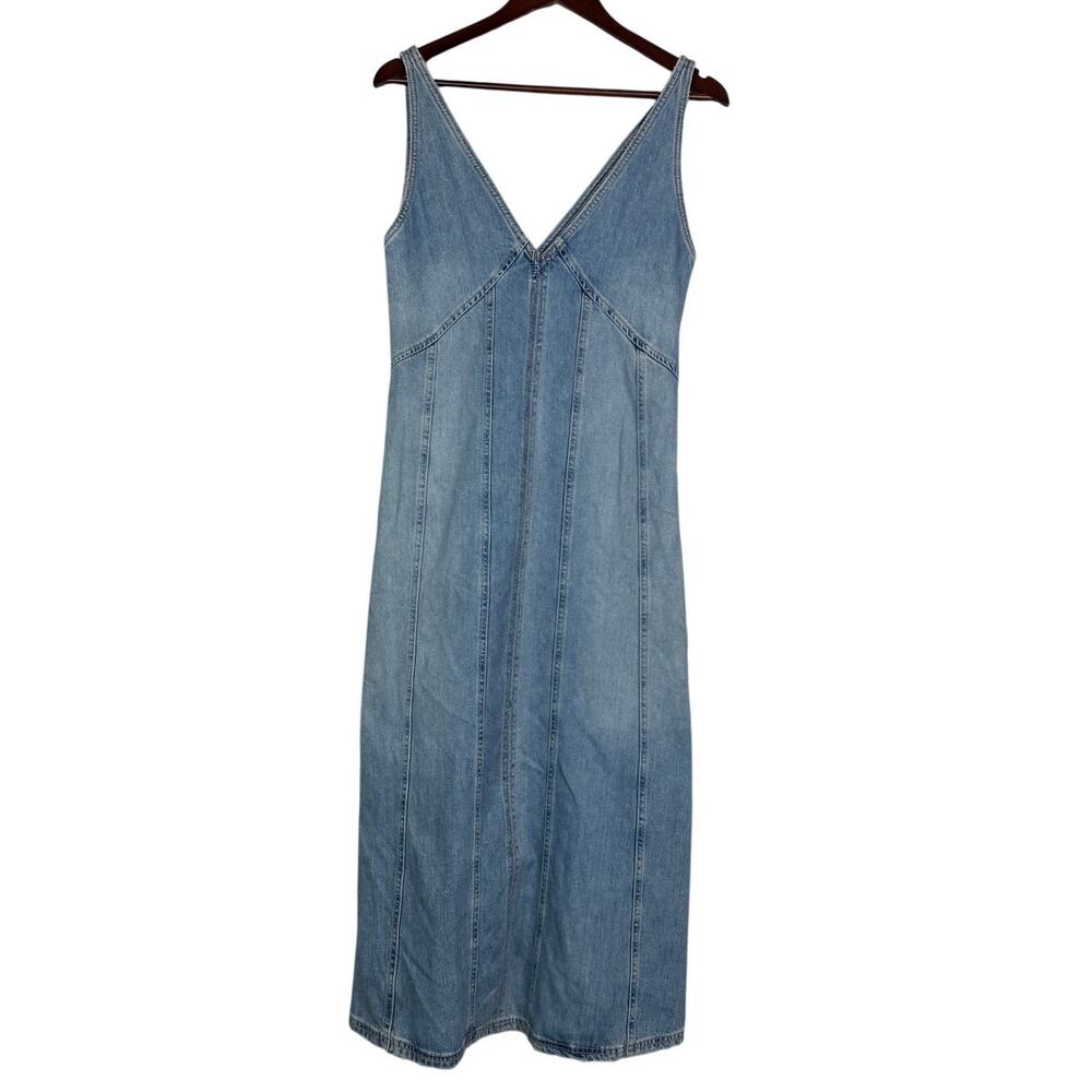 Zara Oversized Denim Seamed V Neck Sleeveless Midi Dress Side Zip Up S Blue Wash - Picture 16 of 16